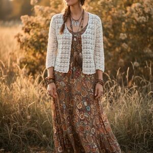 Tailor B. Moss Cream Crochet Women's Cardigan Boho Sweater Sz Medium